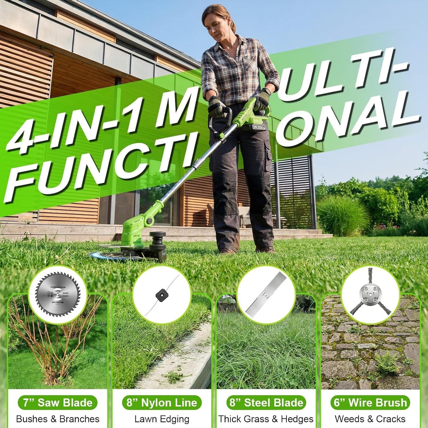 Cordless Grass Trimmer Strimmer Brush Cutter 21V 2 Batteries 4-in-1 Lawn Mower