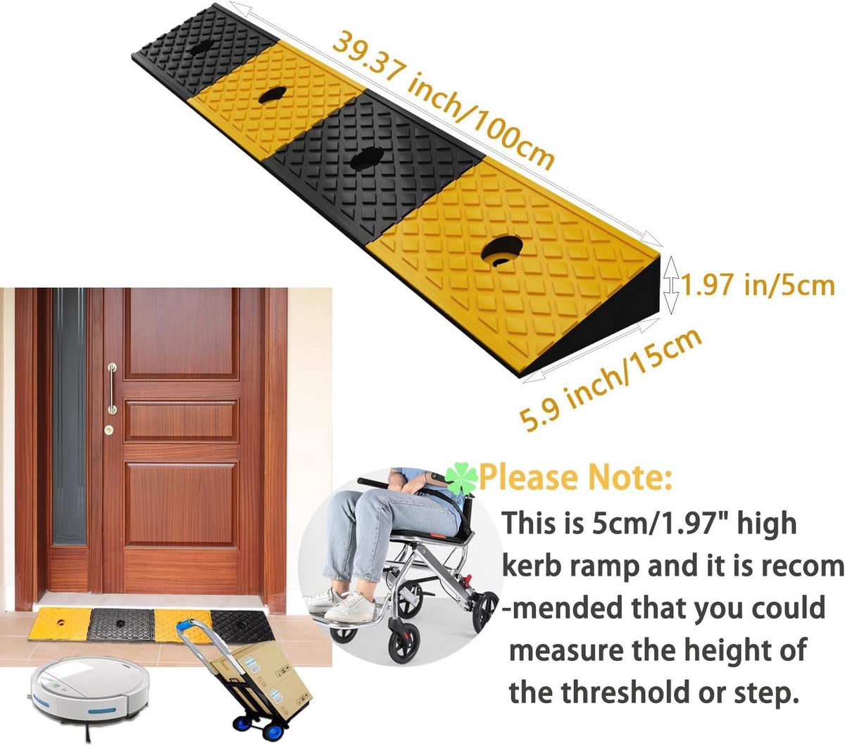 Kerb Ramp Rubber Threshold Wheelchair 100x15x5cm 5cm Rise Non Slip Fixing Bolts