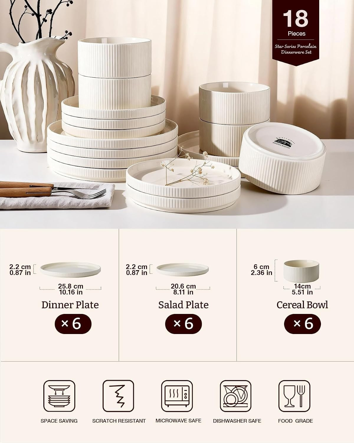 Dinner Set Porcelain Plates Bowls 18 Piece for 6 Cream Rust Red Trim Microwave