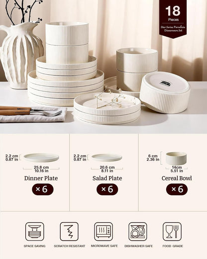 Dinner Set Porcelain Plates Bowls 18 Piece for 6 Cream Rust Red Trim Microwave