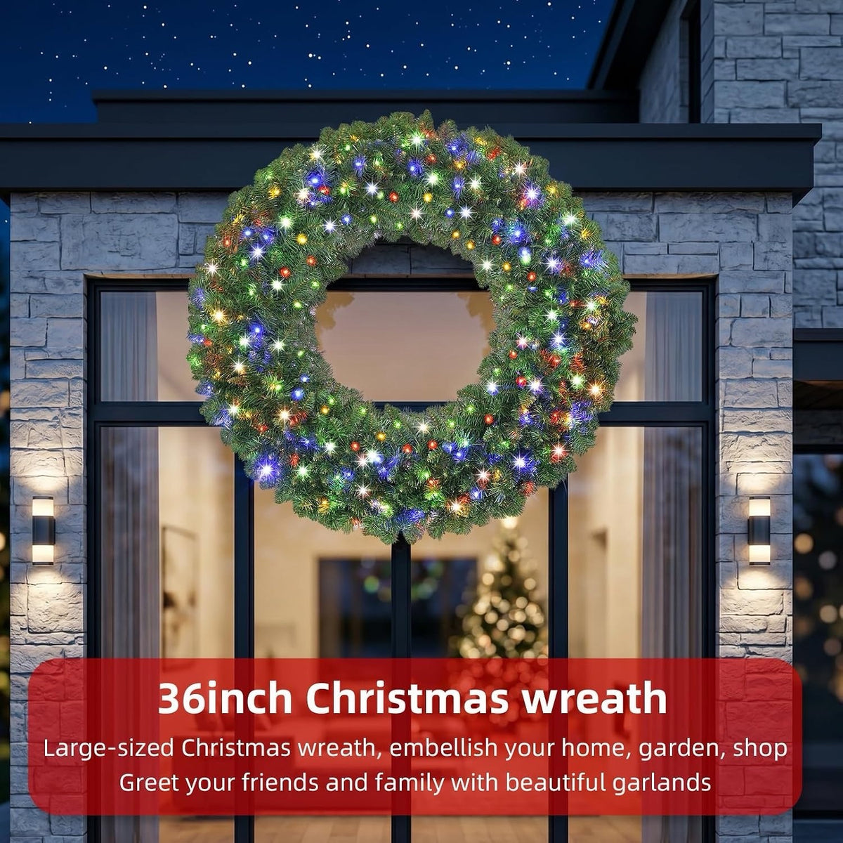 Christmas Wreath Pre Lit LED 36 Inch 120 Multicolour Lights Outdoor Door Timer