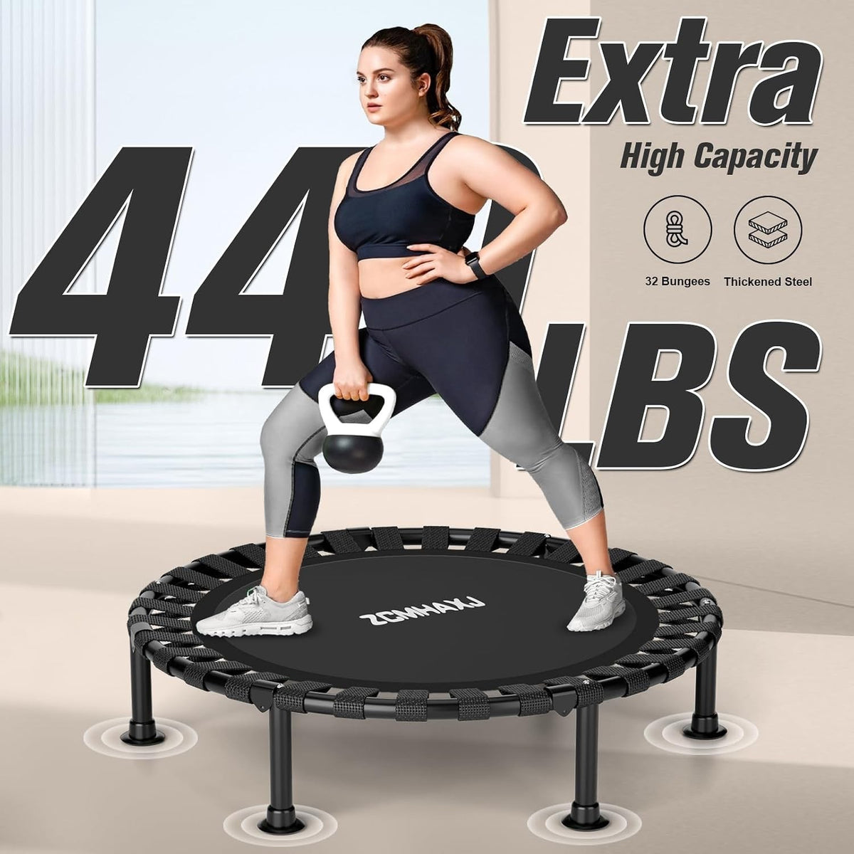 Mini Trampoline Rebounder Fitness 40 Inch Foldable Indoor Exercise Bungee Black