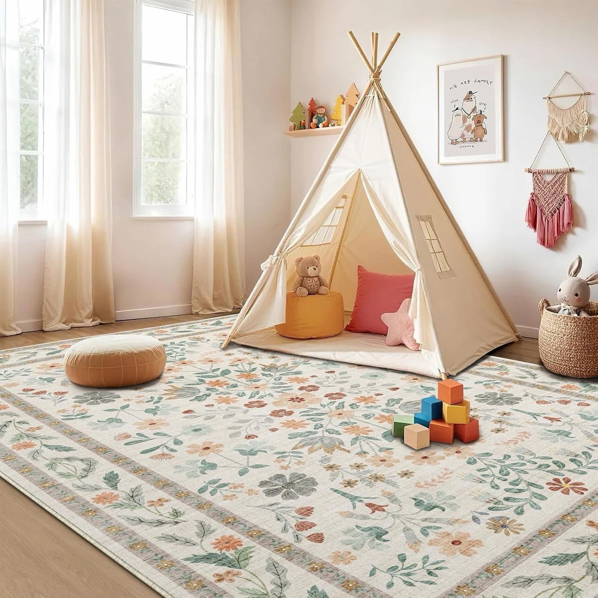 Large Living Room Rug Carpet 240x300cm Beige Vintage Floral Washable Non Slip