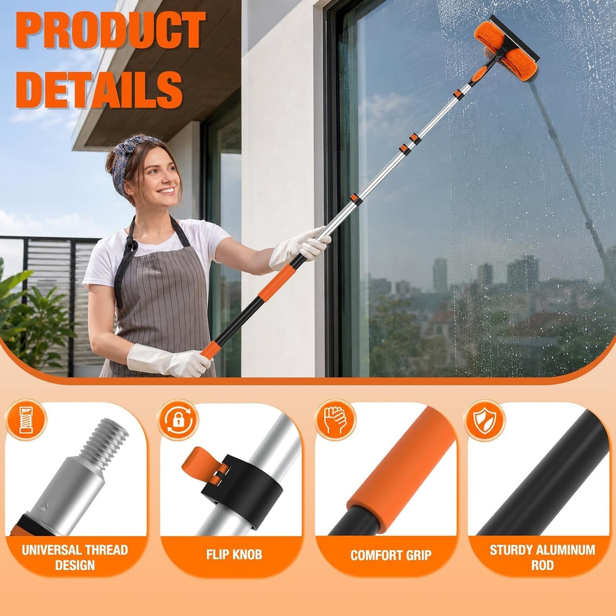 Window Cleaning Pole Telescopic 7.2m Extendable Squeegee 2 in 1 Microfibre Kit