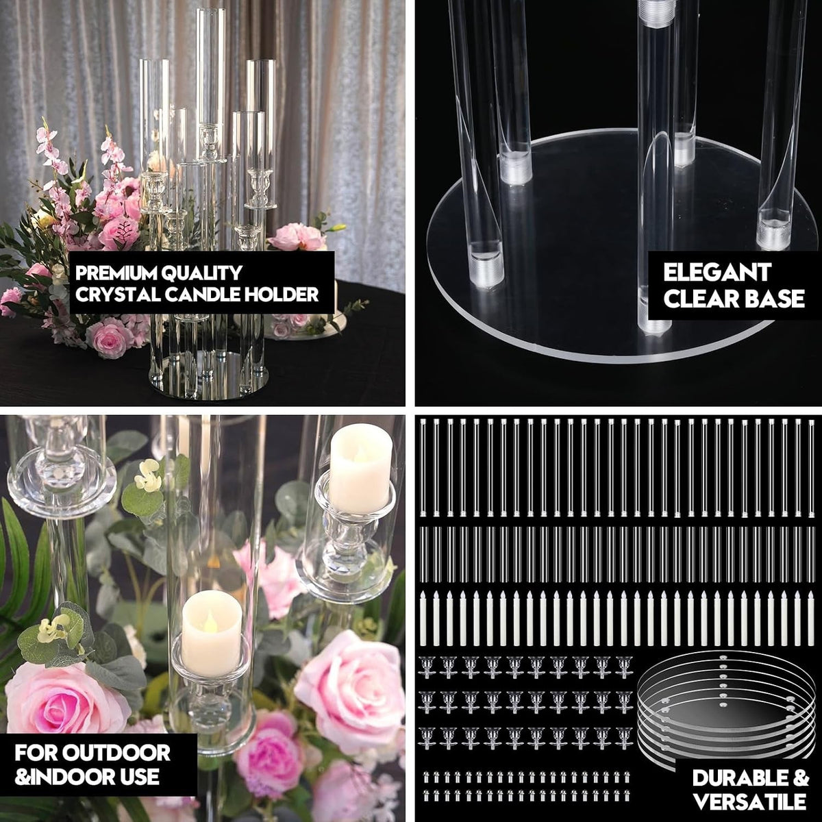 Candelabra Candle Holders 6 Sets 5 Arm Clear Acrylic 68cm Wedding LED Candles