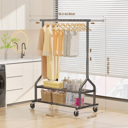 Heavy Duty Clothes Rail Garment Rack Adjustable 2 Shelves Wheels 252kg Black