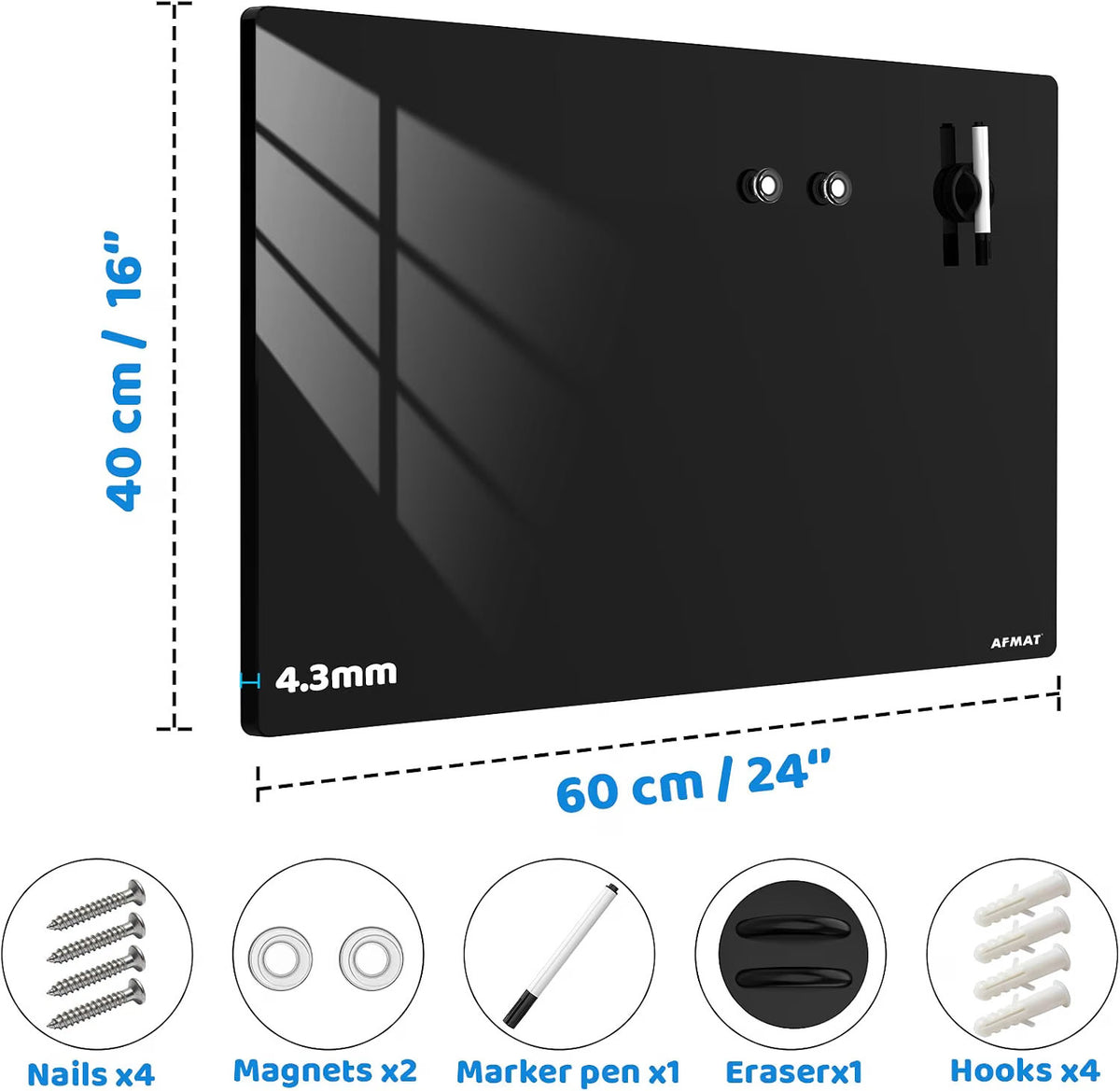 Glass Dry Erase Whiteboard 40x60cm Black Magnetic Frameless Wall Mounted Board