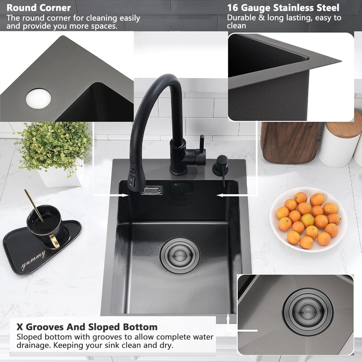 Kitchen Sink Stainless Steel Black Single Bowl 35x45cm Topmount Soap Dispenser