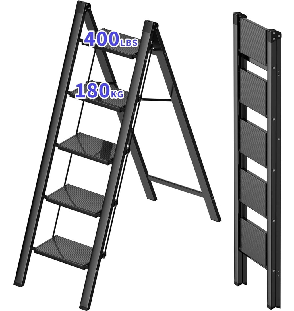 JOISCOPE Folding Lightweight Aluminum Step Ladder 5 Step Ladder Black