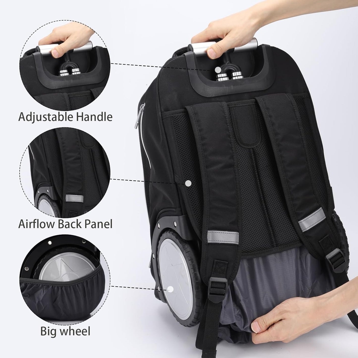Rolling Backpack Carry On Laptop Bag Large Wheels Telescopic Handle Travel