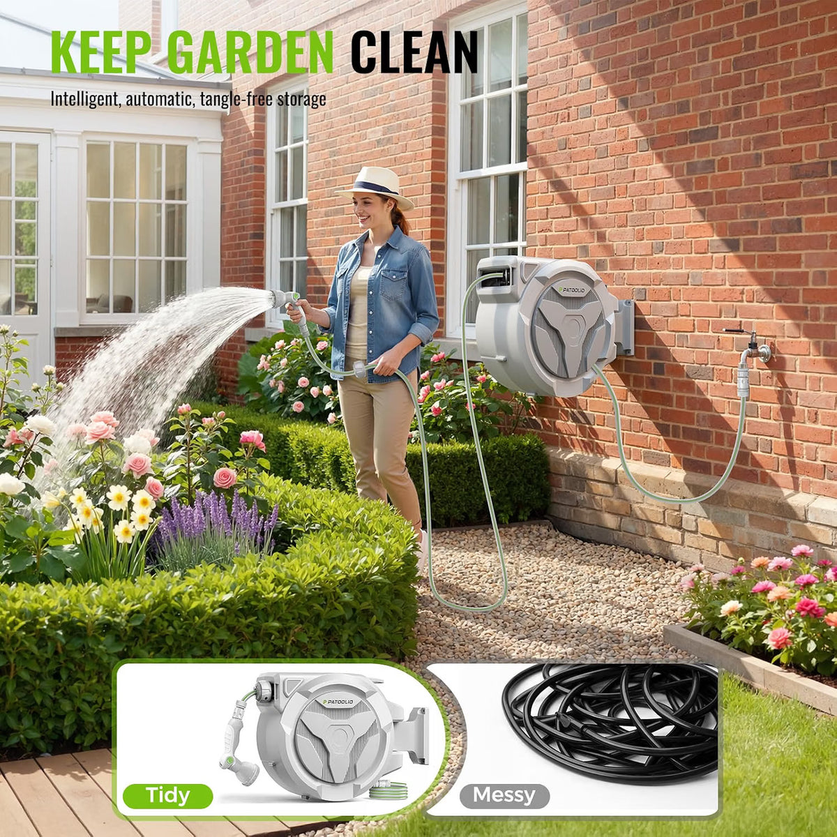 Garden Hose Reel Retractable 30+2m Wall Mount Auto Rewind 180° Swivel Spray Gun