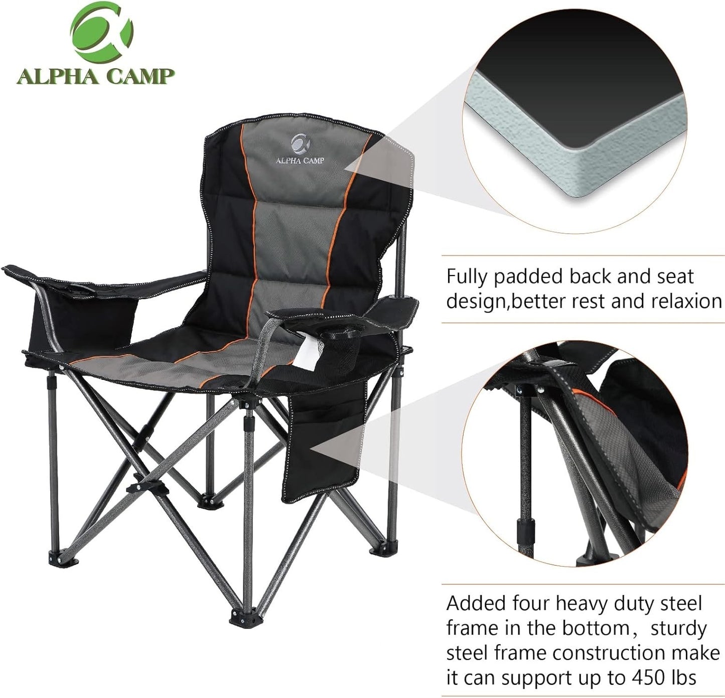 Camping Folding Chair Oversized Heavy Duty Padded Outdoor Seat Carry Bag Black