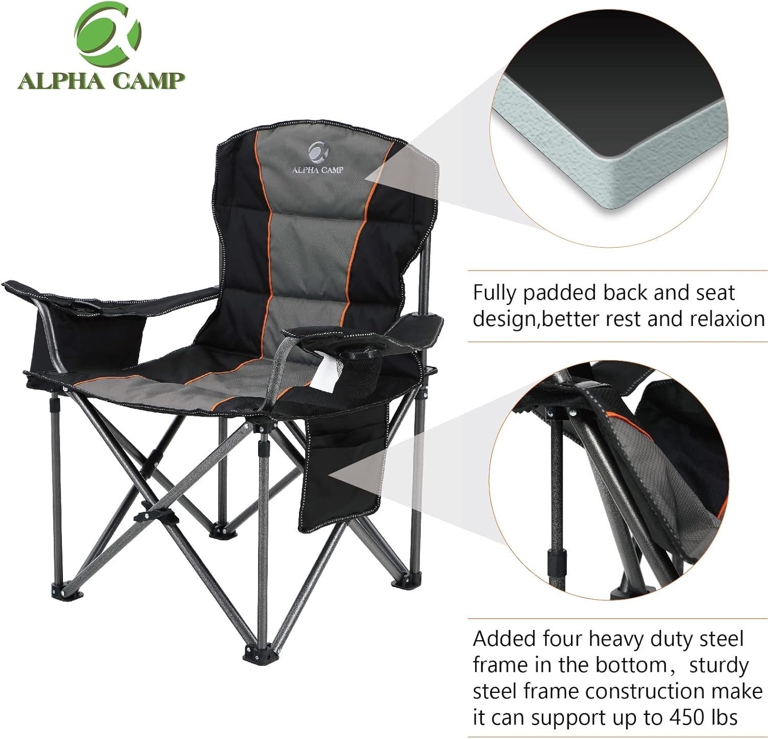 Camping Folding Chair Oversized Heavy Duty Padded Outdoor Seat Carry Bag Black