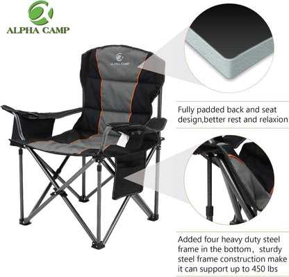 Camping Folding Chair Oversized Heavy Duty Padded Outdoor Seat Carry Bag Black