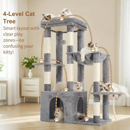 Cat Tree Tower Scratching Post Large Indoor Condo Hammock Toy Balls Light Grey