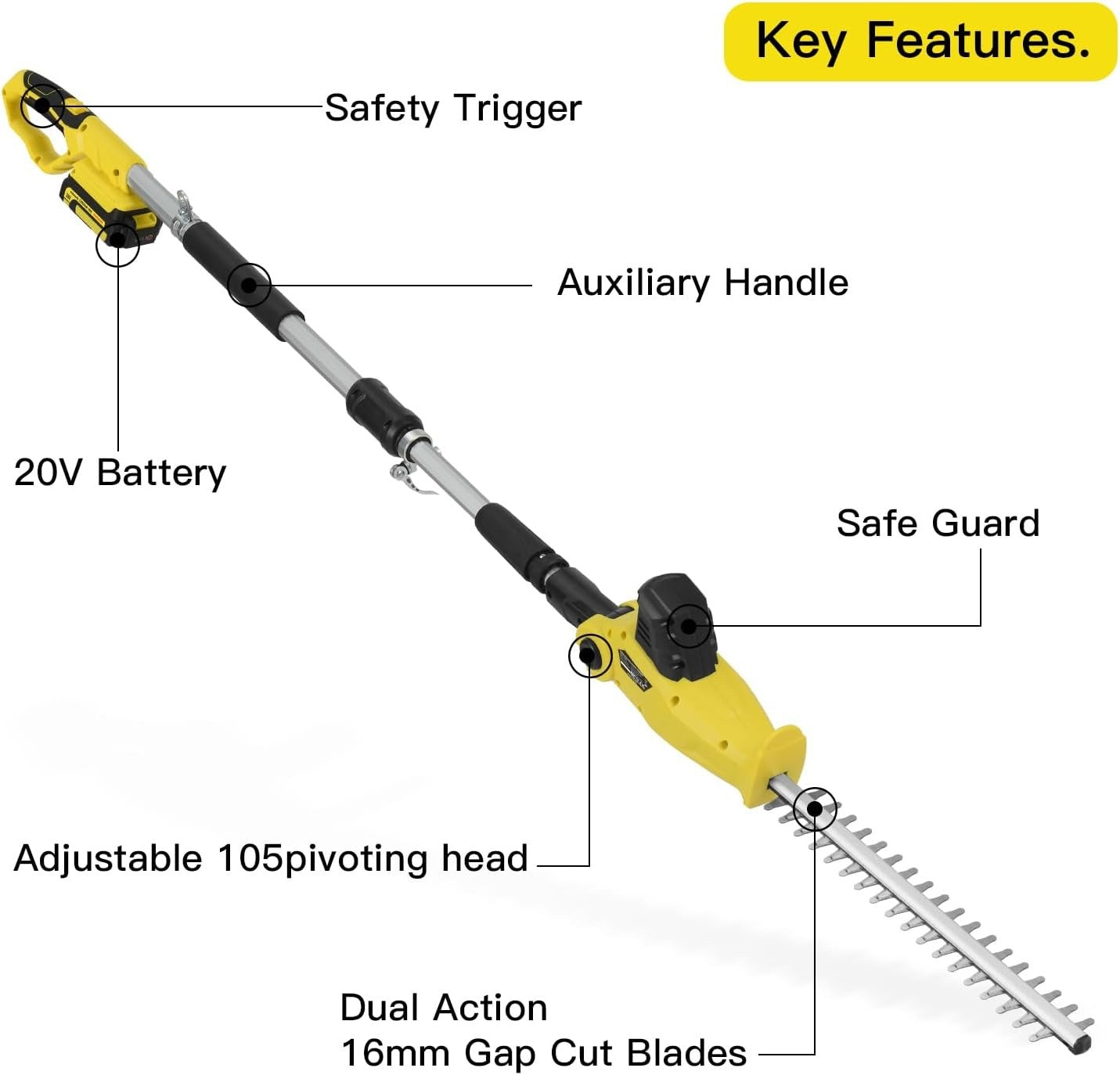 Cordless Pole Hedge Trimmer 20V 2 Batteries 2.4m Reach Adjustable Garden Cutter