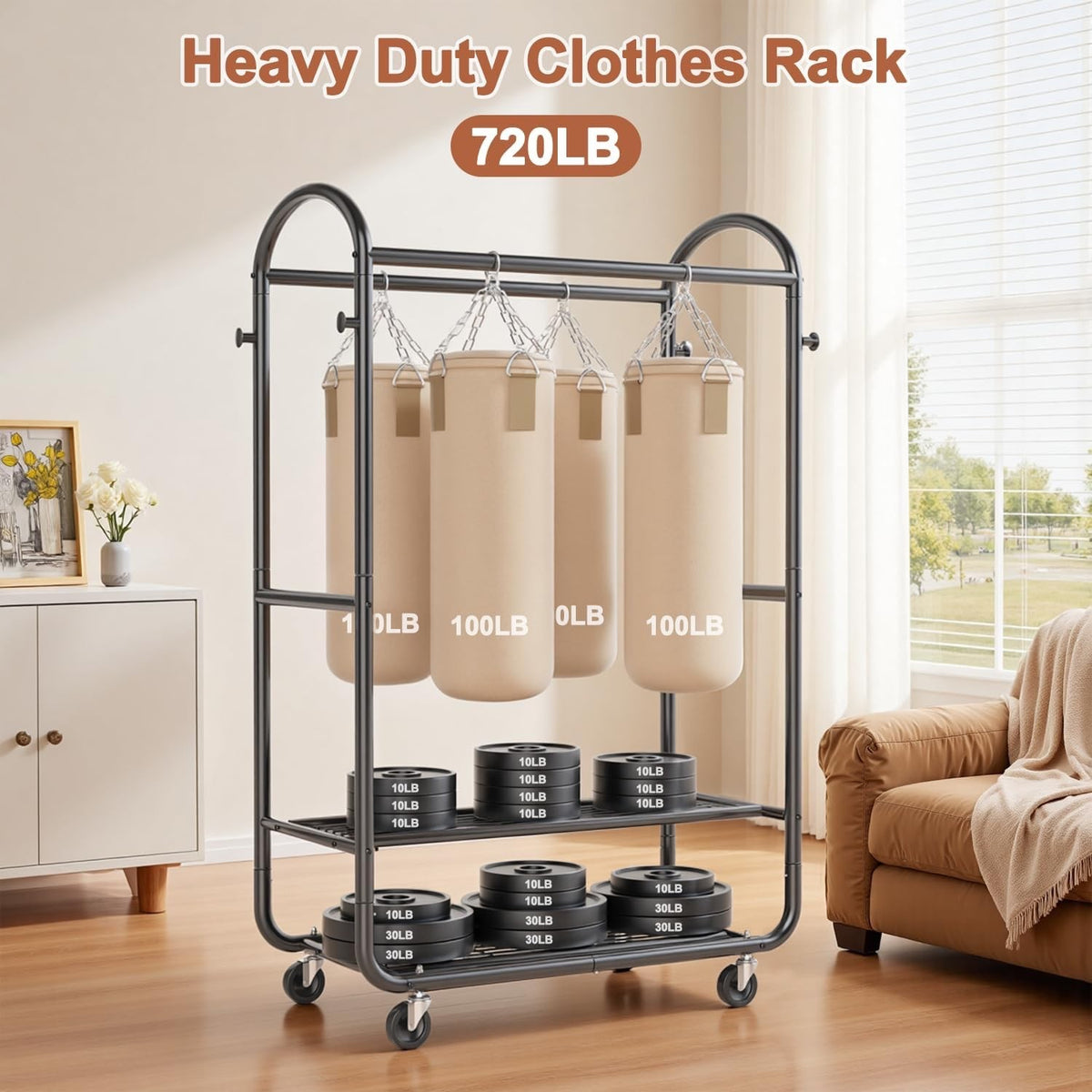 Clothes Rail Garment Rack Double Hanging Heavy Duty 326kg Wheels 2 Shelves Black
