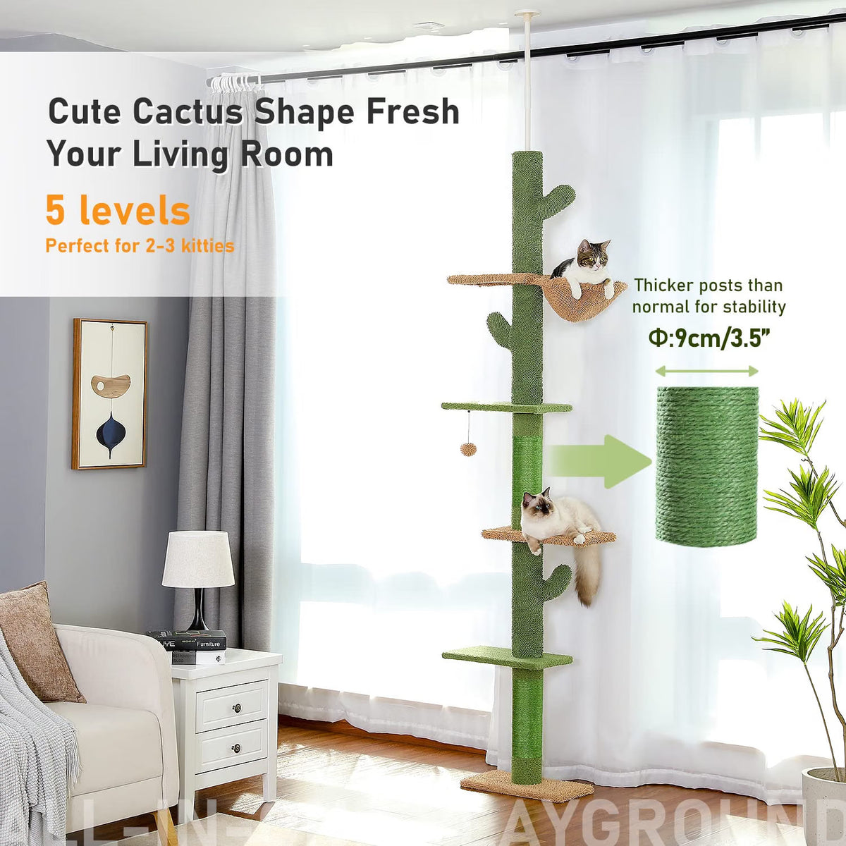 Cat Tree Scratching Tower 229-275cm 5 Tier Cactus Floor Ceiling Hammock Green
