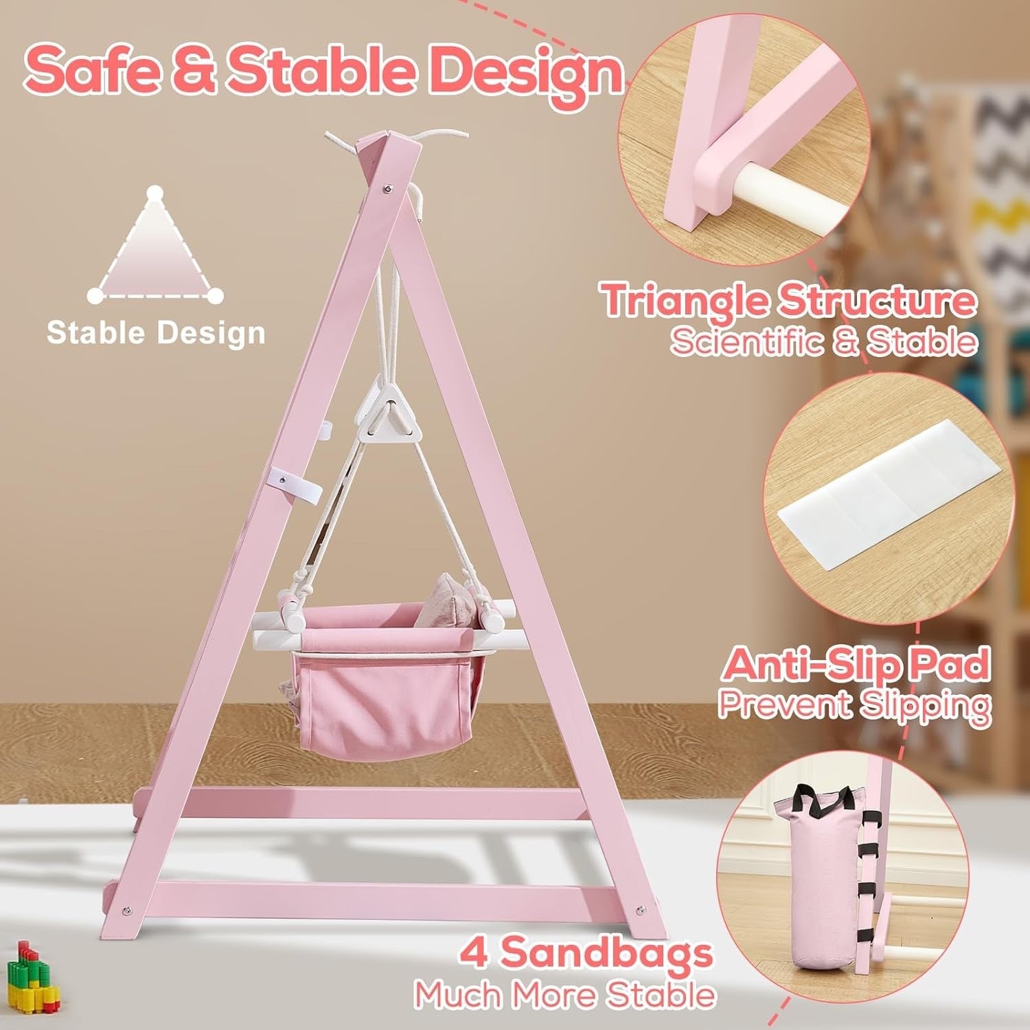 FUNLIO Wooden Toddler Swing Set Foldable Indoor Outdoor Baby 6-36M Pink Backyard