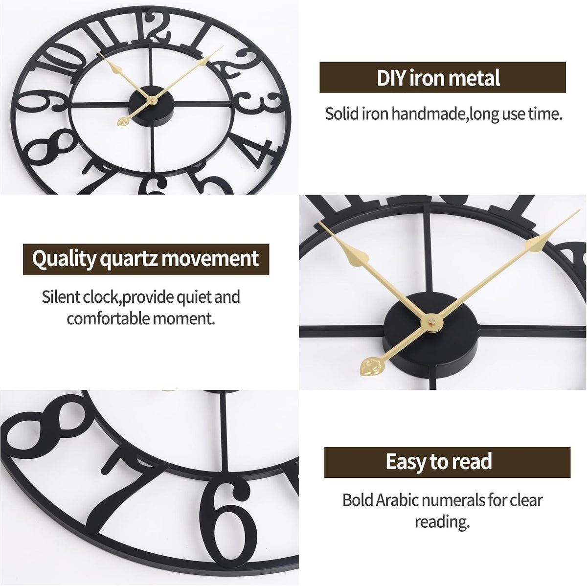 Large Wall Clock Metal Round 47cm Black Silent Non Ticking Battery Vintage Style
