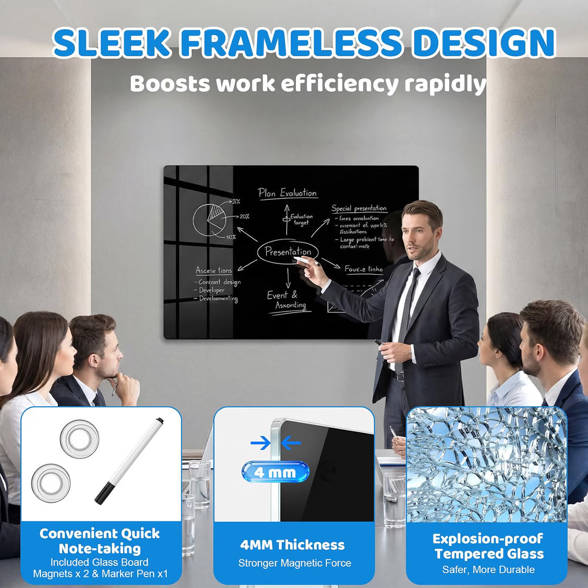 Glass Dry Erase Whiteboard 40x60cm Black Magnetic Frameless Wall Mounted Board