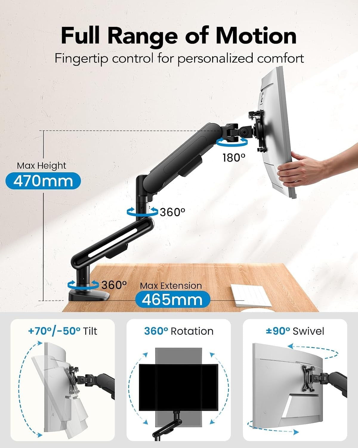 Monitor Arm Desk Mount Ultrawide Single 13-40in Adjustable VESA Black 12kg Heavy