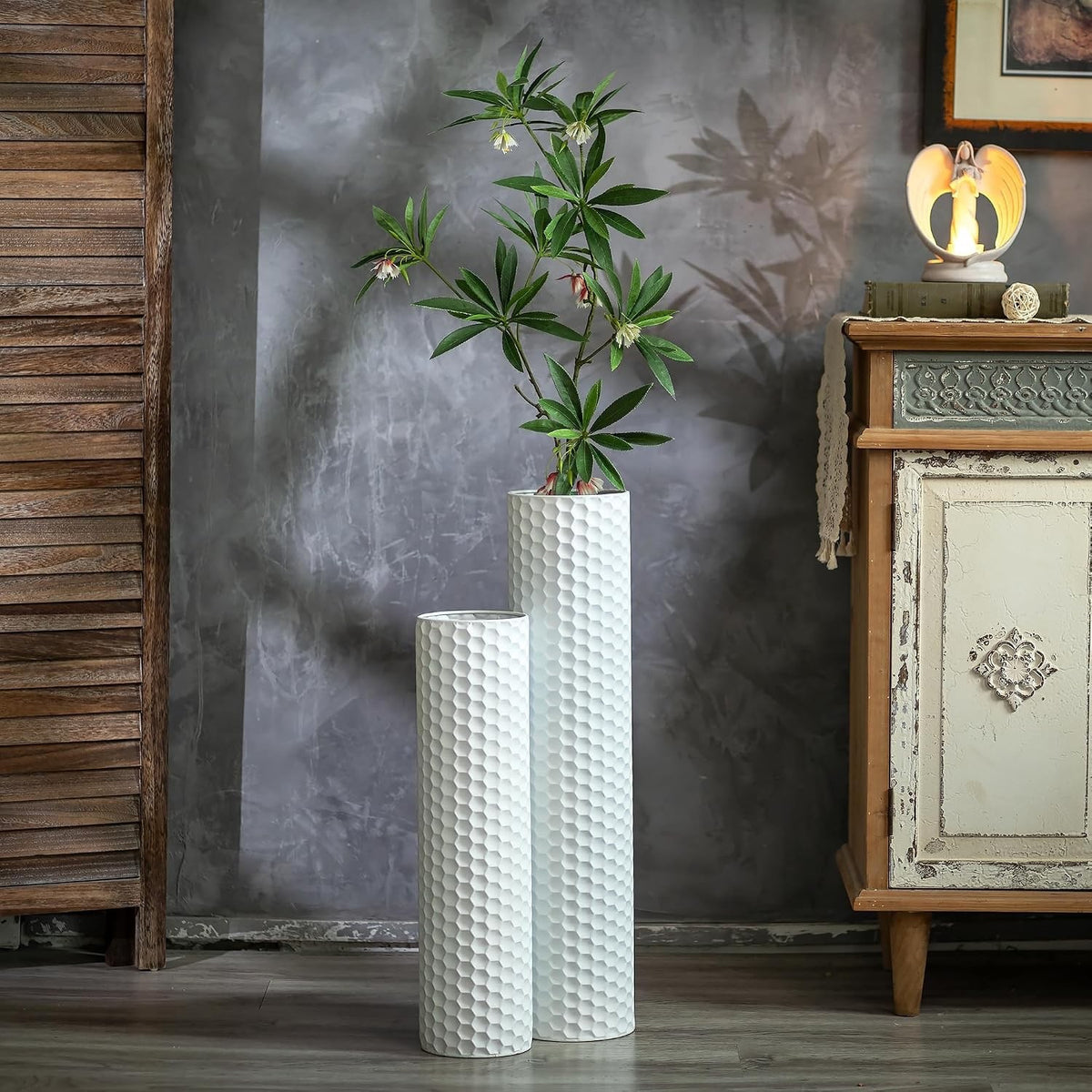 Tall Floor Vase Set 2 White Metal 70cm 55cm Honeycomb Modern Pampas Grass Decor