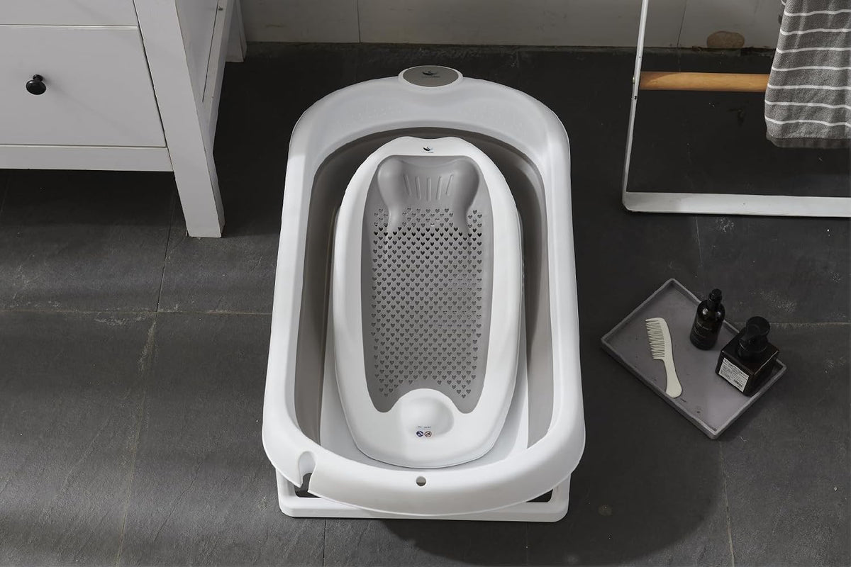 Baby Bath Tub Stand Foldable Newborn Bathtub 81cm Grey Non Slip Seat Drain 0-24M