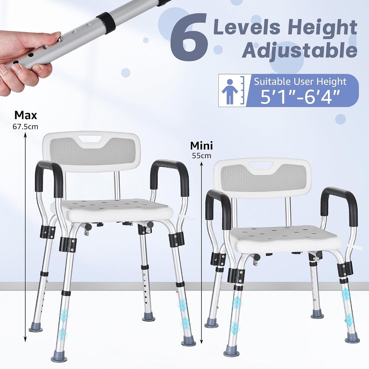 Shower Chair Bath Seat Stool Adjustable Height Non Slip Arms Backrest 150kg Grey