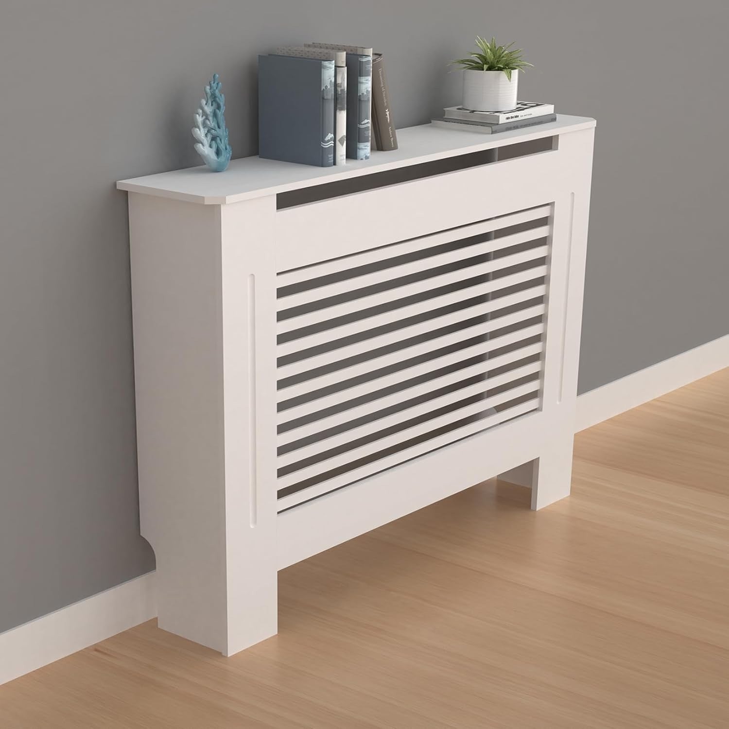 White MDF Radiator Cover 100cm Tall Modern Slatted Heater Cabinet Shelf