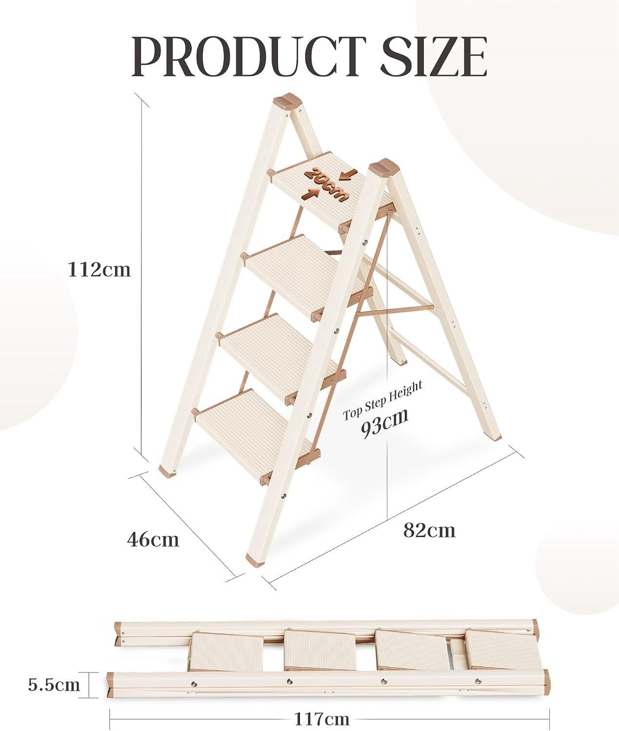 4 Step Ladder Folding Stool Aluminium Anti-Slip Wide Pedal 150kg Cream Chocolate