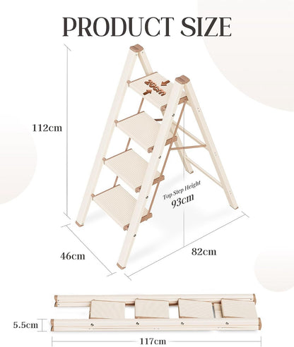 4 Step Ladder Folding Stool Aluminium Anti-Slip Wide Pedal 150kg Cream Chocolate