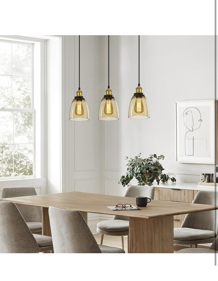 3 Light Cognac Glass Pendant Light Vintage Adjustable Ceiling Hanging Lamp