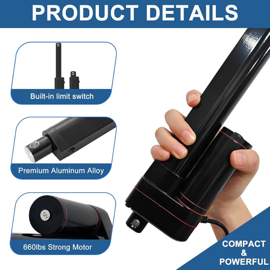 12V Linear Actuator 3000N Heavy Duty IP65 Motor with Mounting Brackets Opener