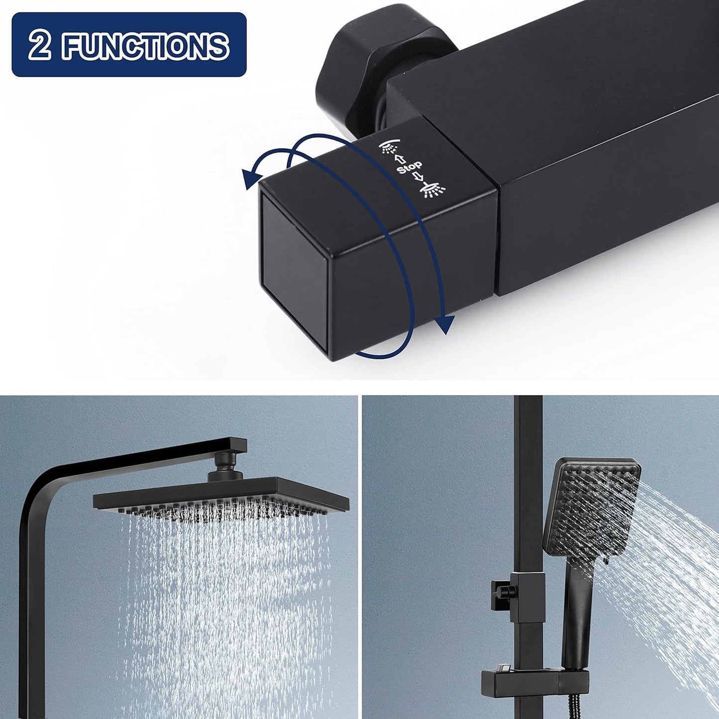 Thermostatic Shower Mixer Set Rainfall Head Rail Kit Anti Scald Black Square