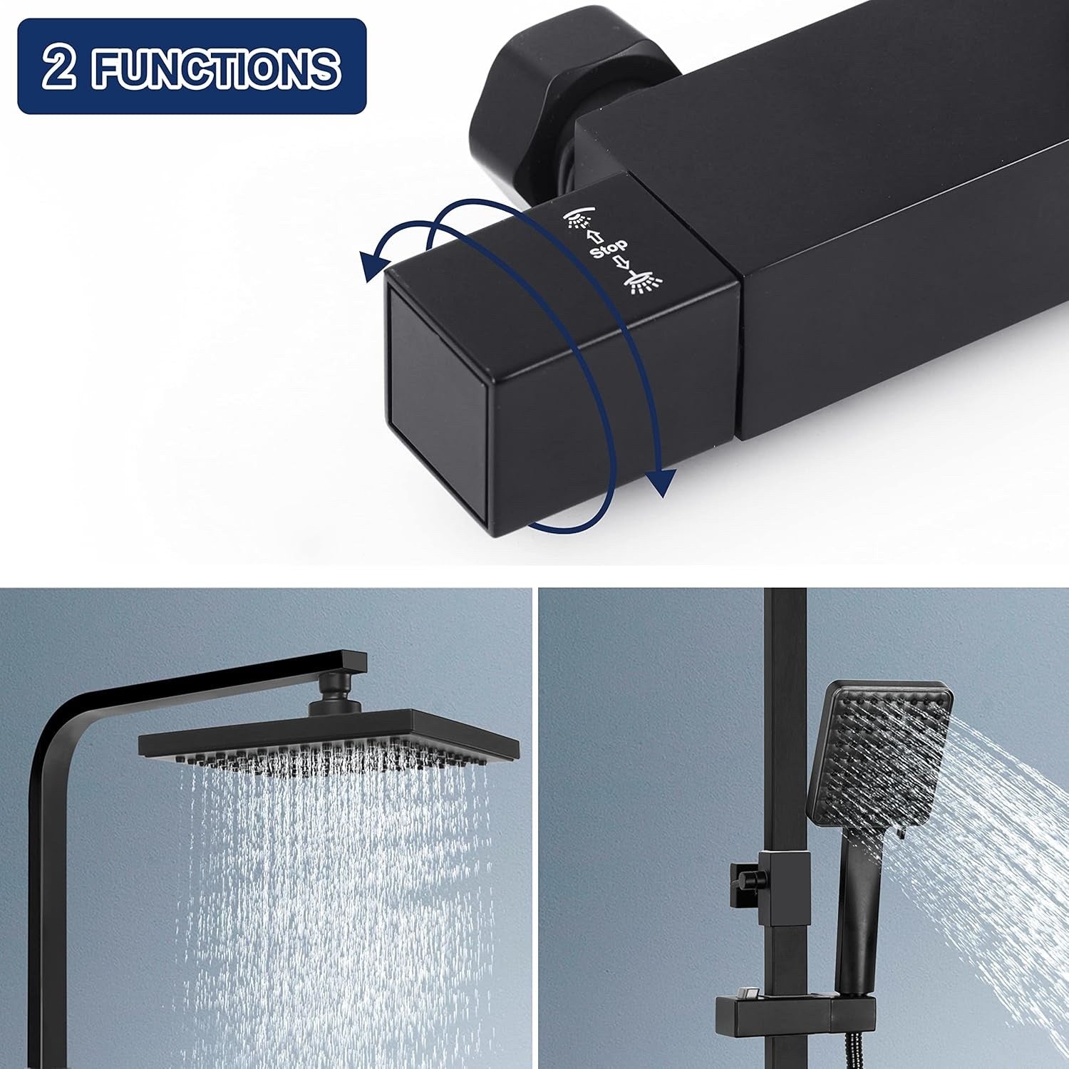 Thermostatic Shower Mixer Set Rainfall Head Rail Kit Anti Scald Black Square