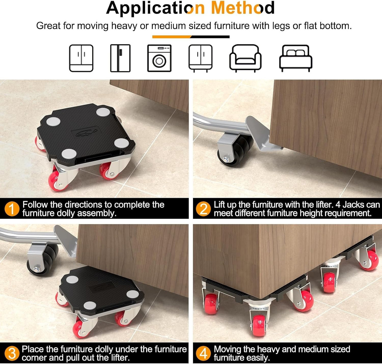 Furniture Movers Dolly Kit Heavy Duty 550kg 4 Wheel Lifter Set Moving Tool Black