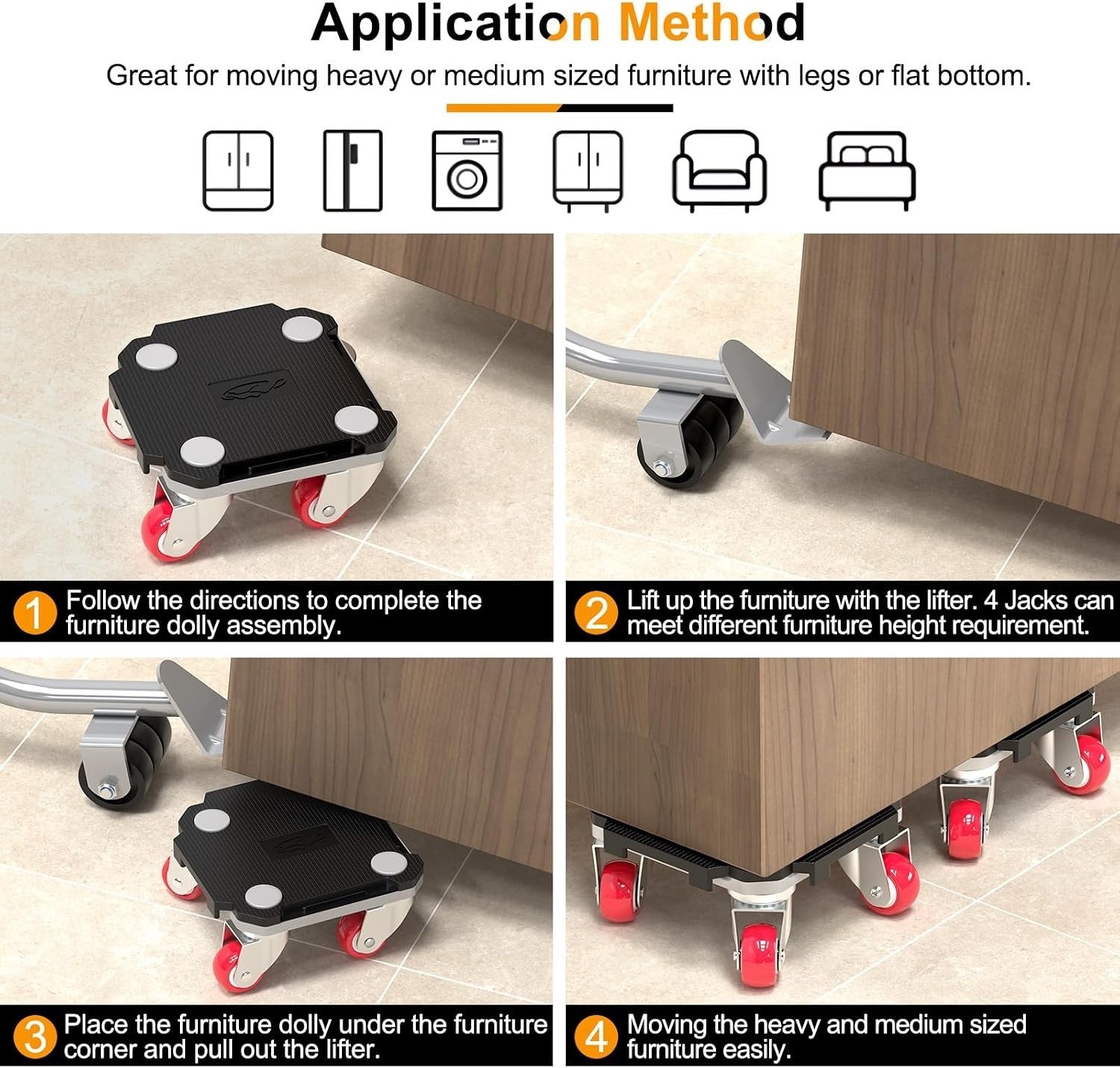 Furniture Movers Dolly Kit Heavy Duty 550kg 4 Wheel Lifter Set Moving Tool Black