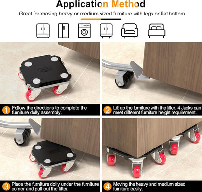 Furniture Movers Dolly Kit Heavy Duty 550kg 4 Wheel Lifter Set Moving Tool Black