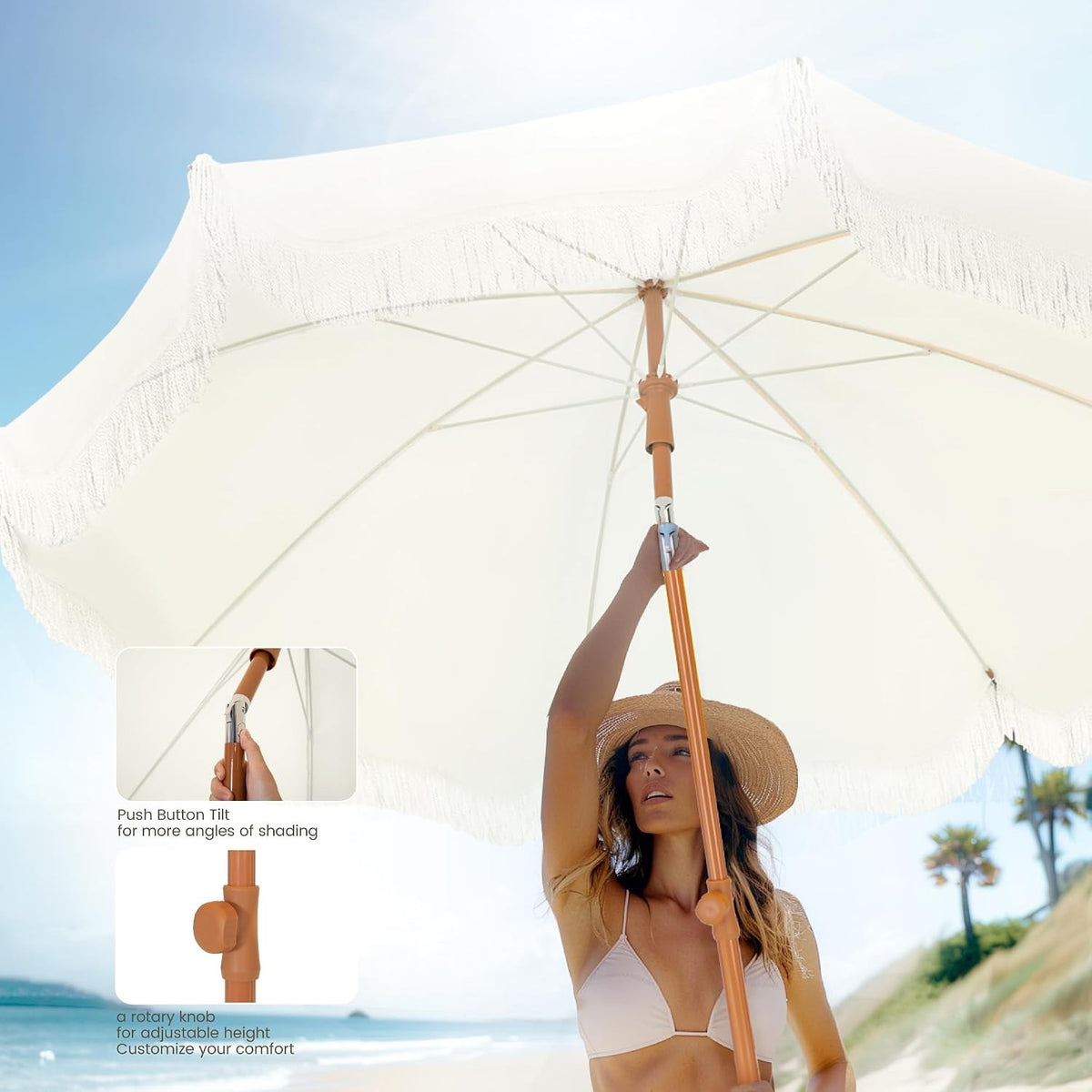 Fringed Beach Umbrella 2m Portable Parasol Ground Drill Ivory UPF50+ Sun Shade