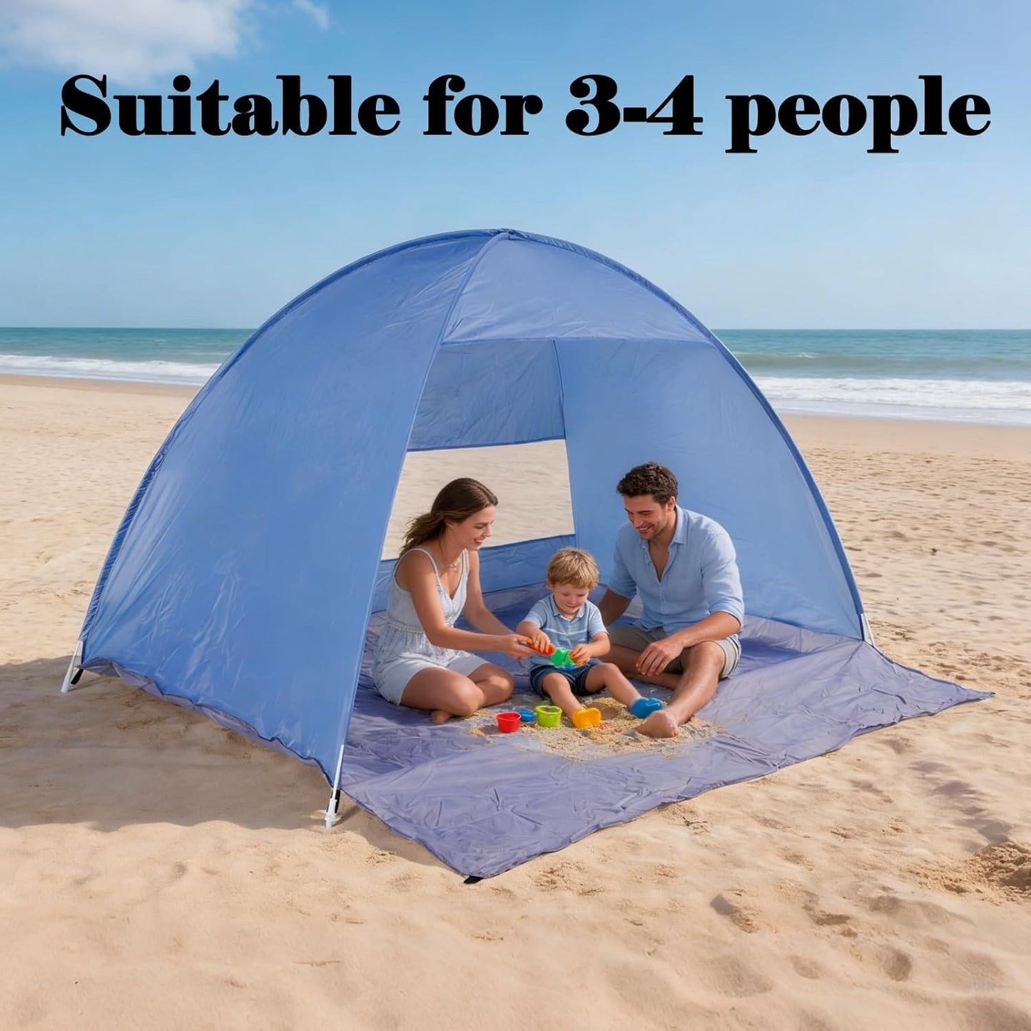 Pop Up Beach Tent 3-4 Person UPF 50+ Waterproof Portable Sun Shelter Large Blue
