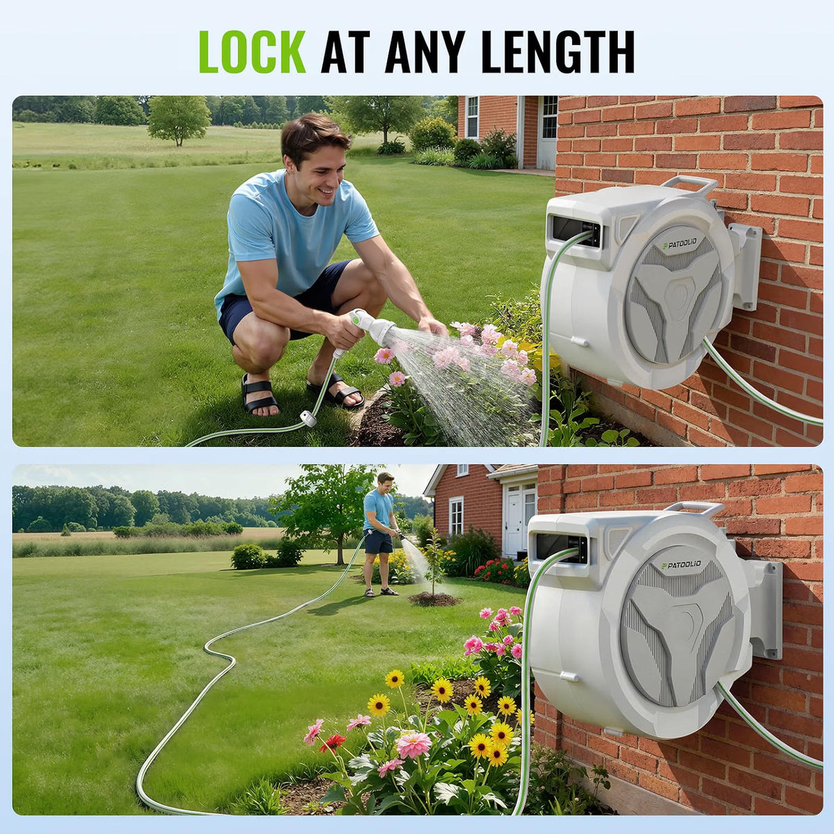 Garden Hose Reel Retractable 30+2m Wall Mount Auto Rewind 180° Swivel Spray Gun