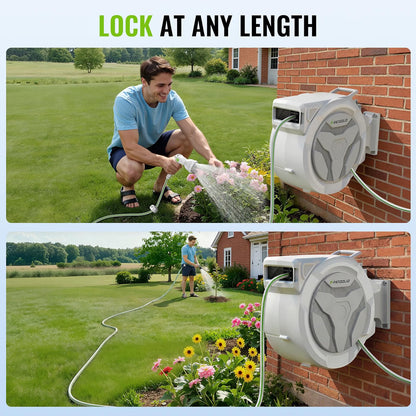 Garden Hose Reel Retractable 30+2m Wall Mount Auto Rewind 180° Swivel Spray Gun