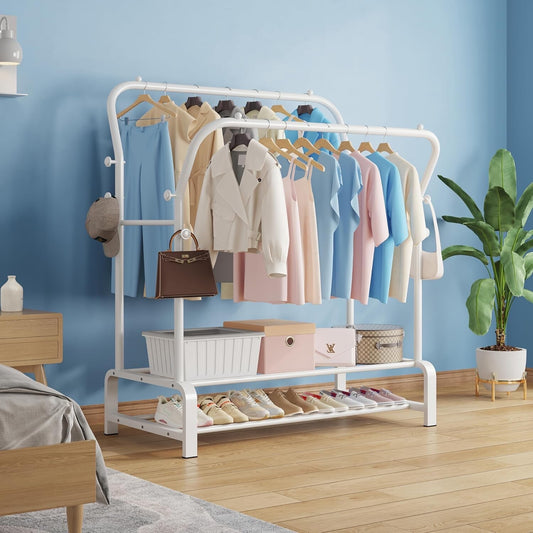 SMILOVII Heavy Duty Clothes Rail with Metal Double Coat Stand Rack White