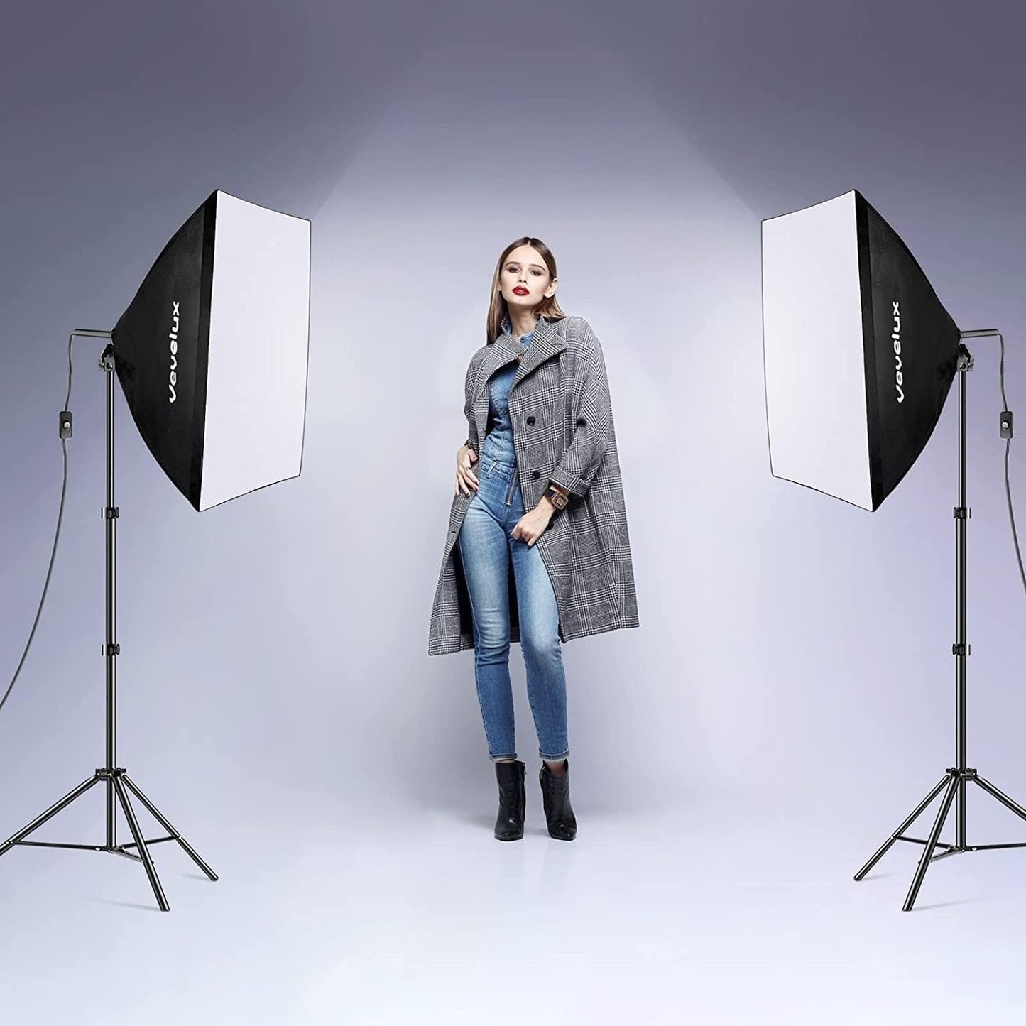 Photography Softbox Lighting Kit 2x45W LED 50x70cm Dimmable Stands Remote 6600K