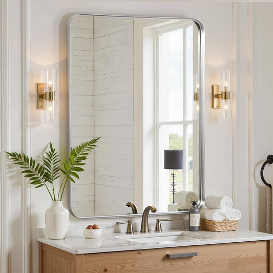Wall Mirror 50x75cm Rectangular Bathroom Bedroom Silver Metal Frame Modern