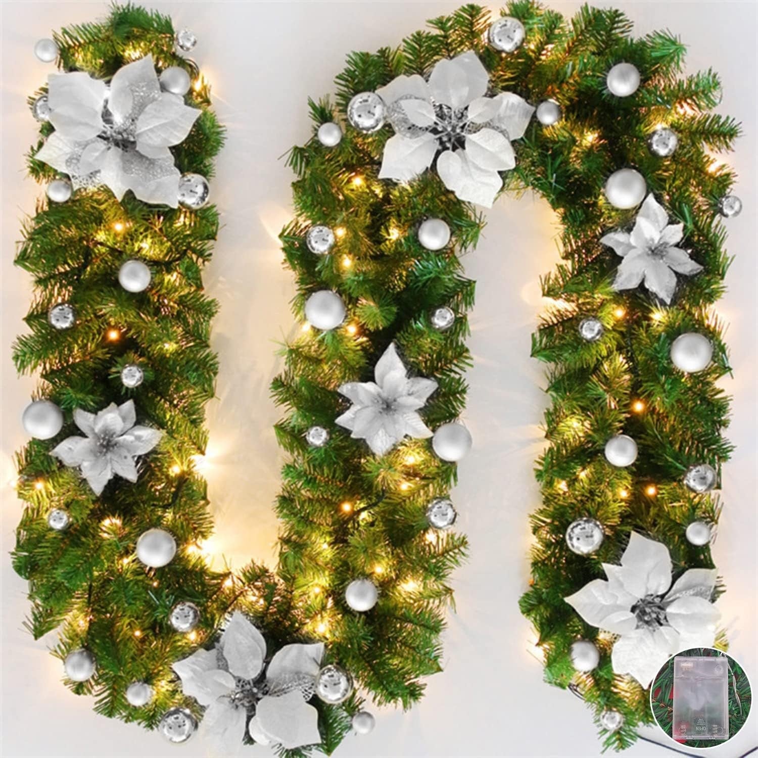 2.7m Christmas Garland LED Lights Silver Rattan Wreath Door Stair Decor