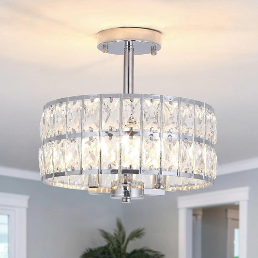 Crystal Ceiling Light Chandelier 3 Way Chrome E14 Semi Flush Mount 33cm Modern