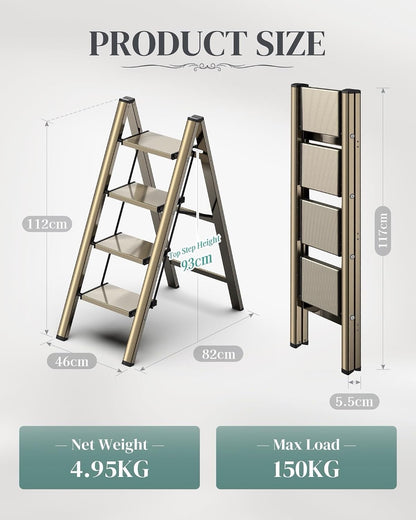 4 Step Ladder Folding Stool Aluminium Anti-Slip Wide Pedals 150kg Gold