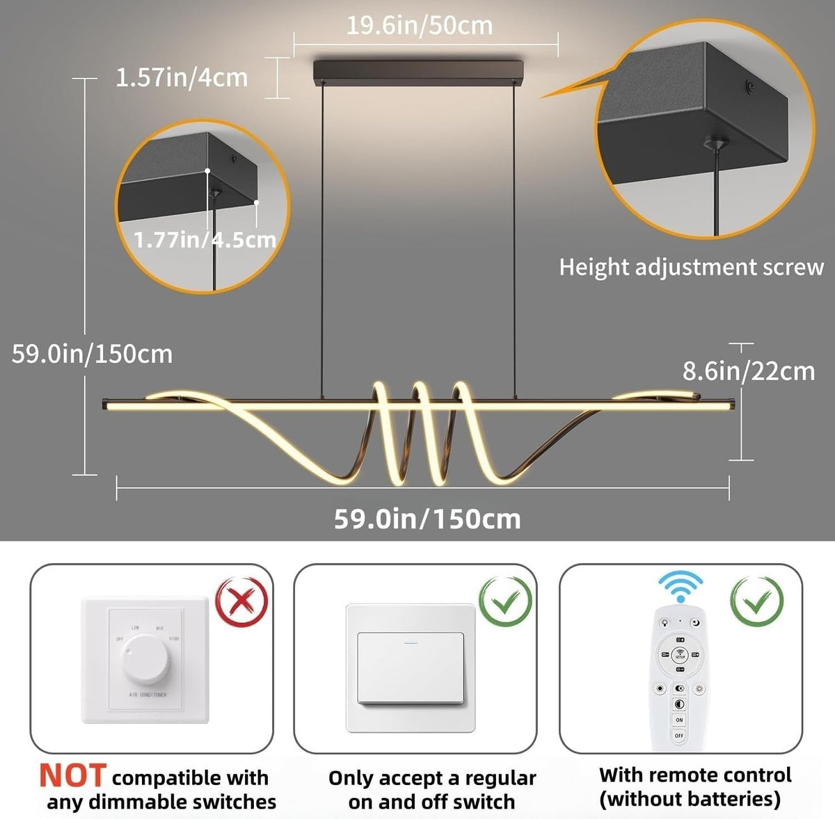 LED Pendant Ceiling Light Dimmable Remote 3000K-6000K 39in Kitchen Island Lamp